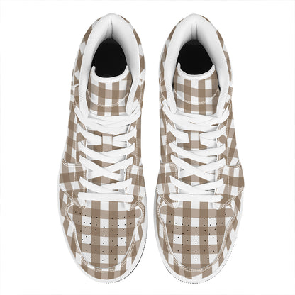 Brown And White Check Pattern Print High Top Leather Sneakers