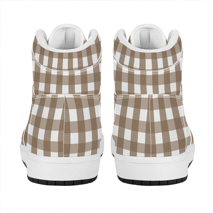 Brown And White Check Pattern Print High Top Leather Sneakers