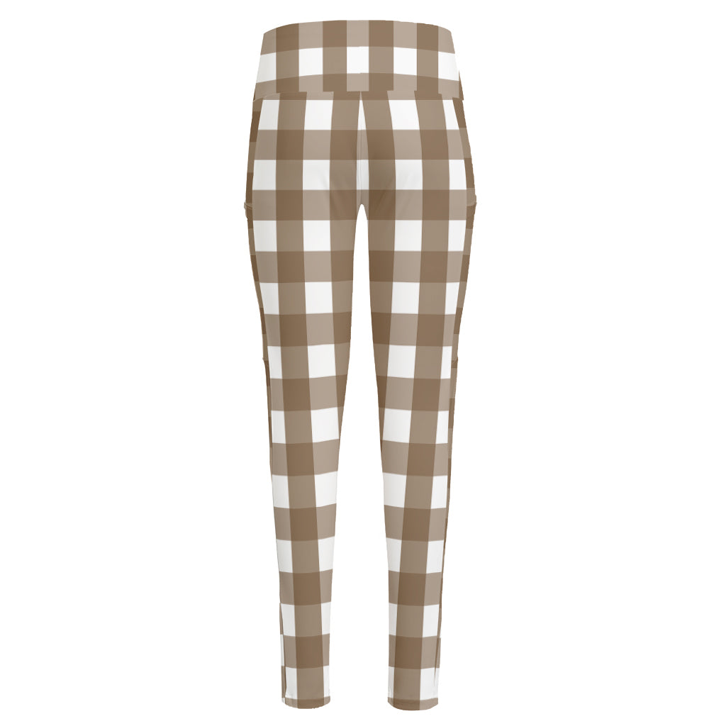 Brown And White Check Pattern Print High-Waisted Pocket Leggings