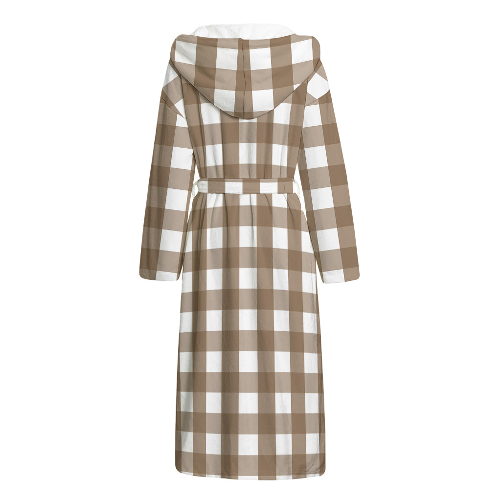 Brown And White Check Pattern Print Hooded Bathrobe