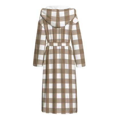 Brown And White Check Pattern Print Hooded Bathrobe