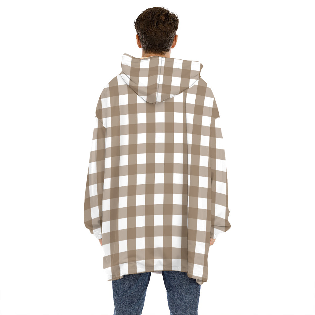 Brown And White Check Pattern Print Hoodie Blanket