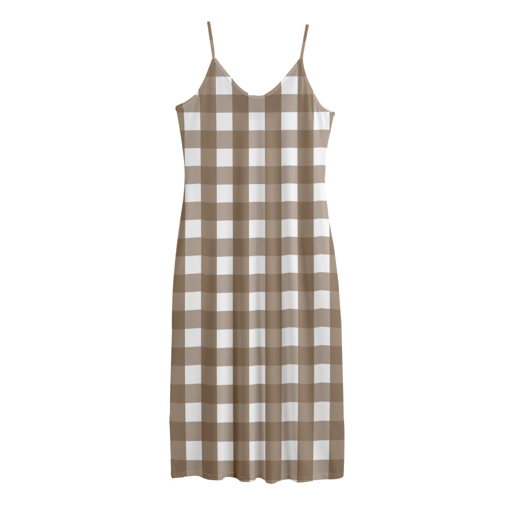 Brown And White Check Pattern Print Jersey Midi Cami Dress