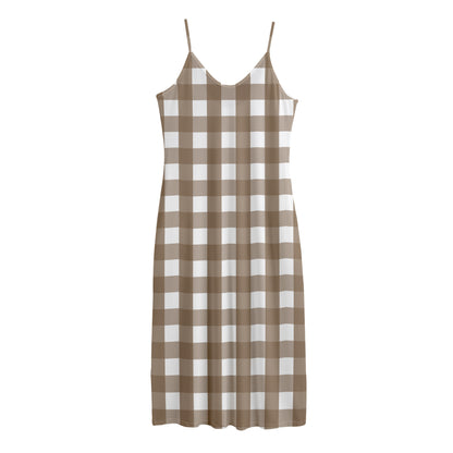 Brown And White Check Pattern Print Jersey Midi Cami Dress