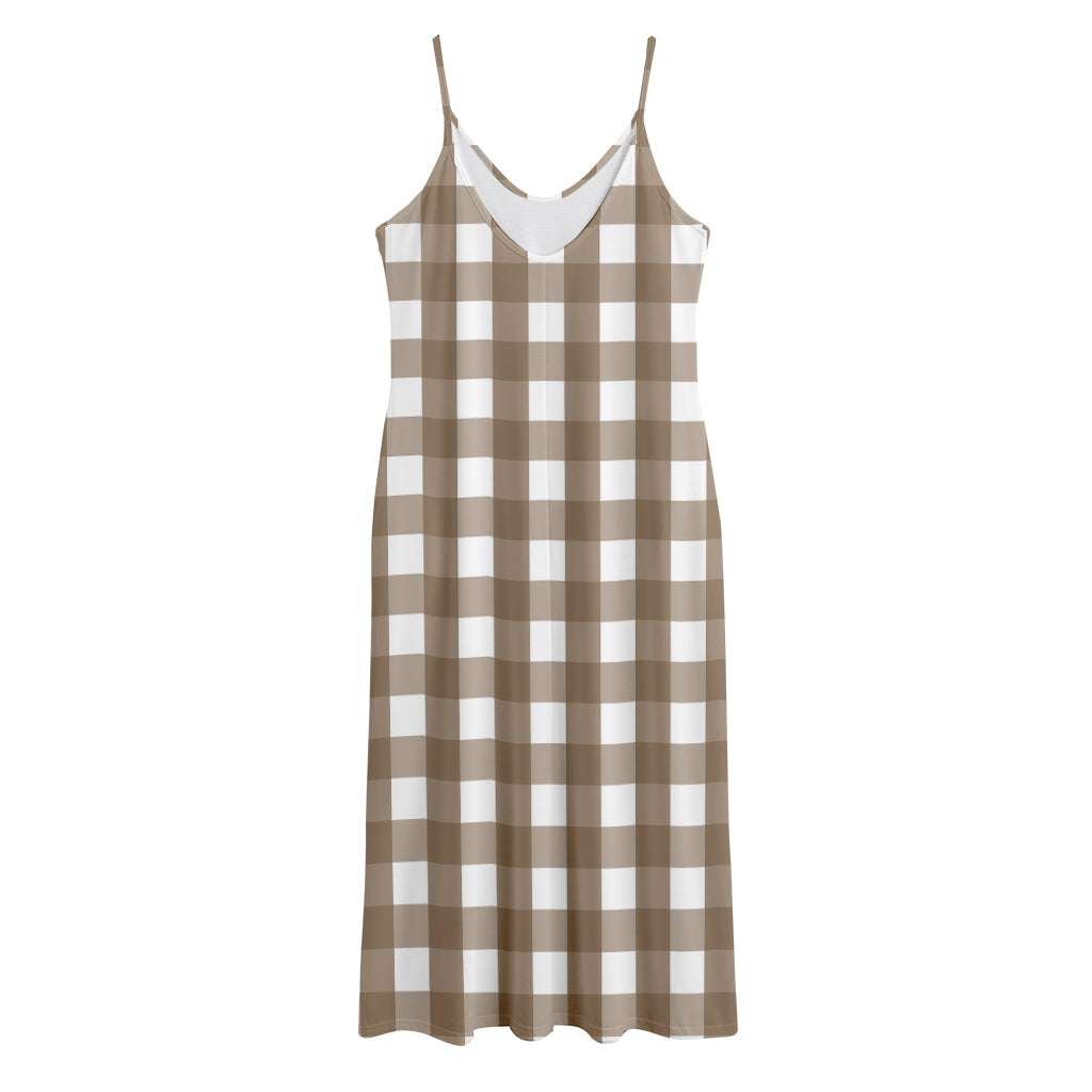Brown And White Check Pattern Print Jersey Midi Cami Dress