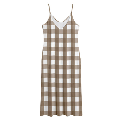 Brown And White Check Pattern Print Jersey Midi Cami Dress