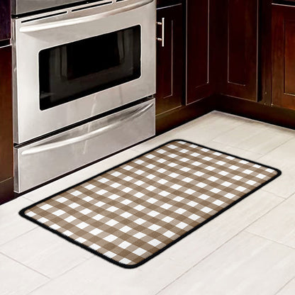 Brown And White Check Pattern Print Kitchen Mat