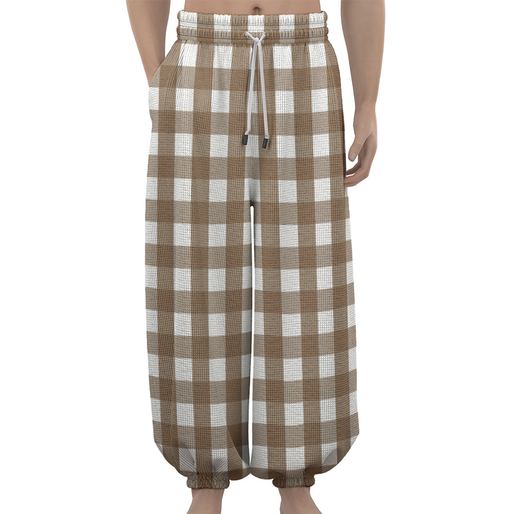 Brown And White Check Pattern Print Lantern Pants