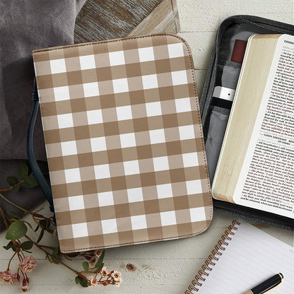Brown And White Check Pattern Print Leather Bible Cover