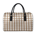 Brown And White Check Pattern Print Leather Duffel Bag