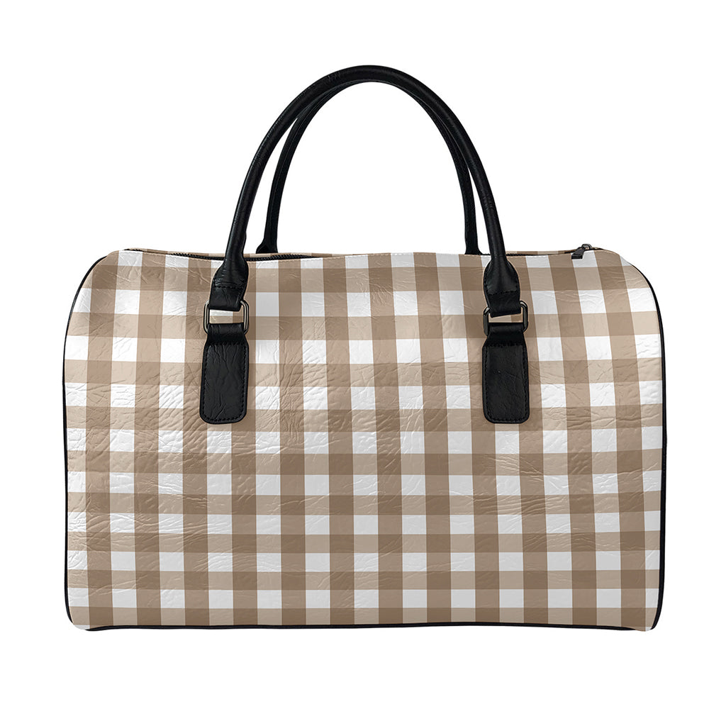 Brown And White Check Pattern Print Leather Duffle Bag