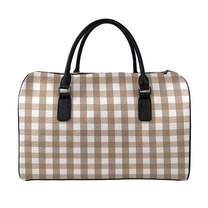 Brown And White Check Pattern Print Leather Duffle Bag