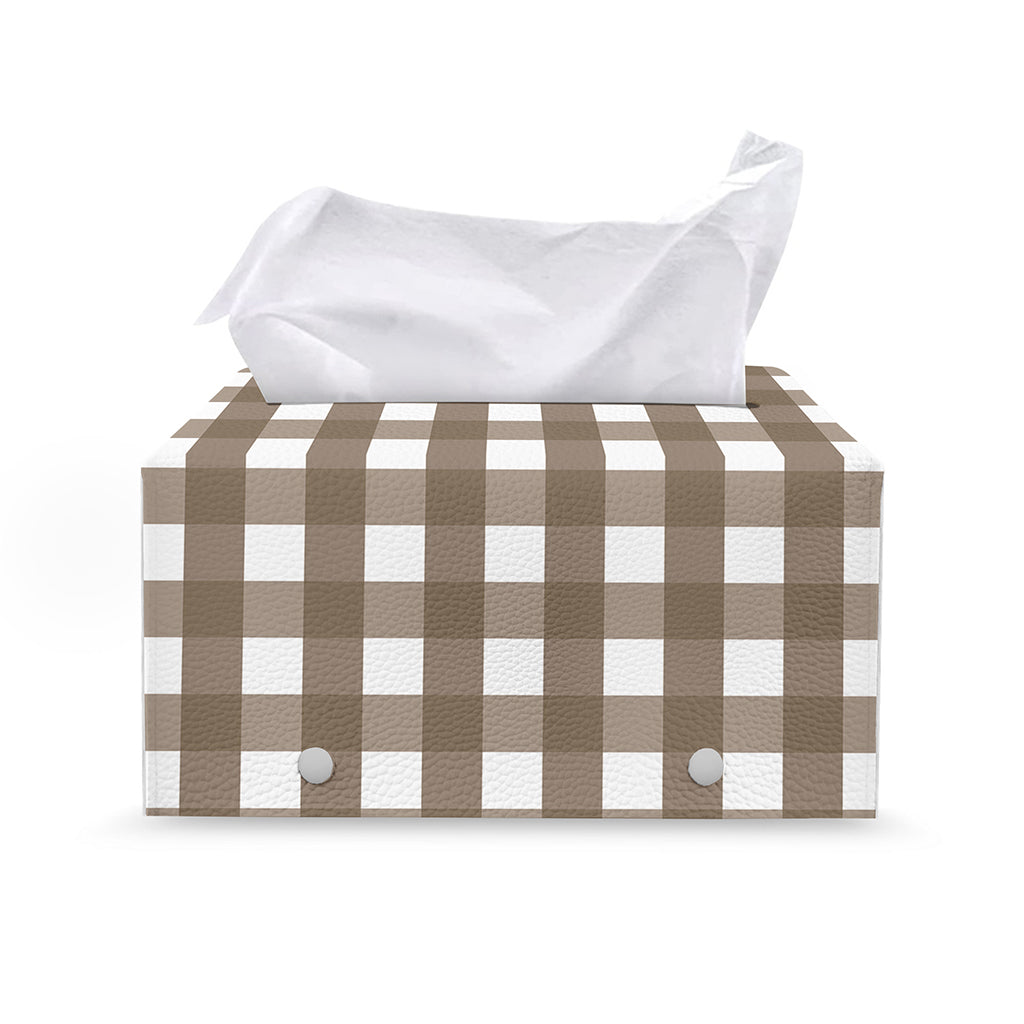 Brown And White Check Pattern Print Leather Tissue Box Cover