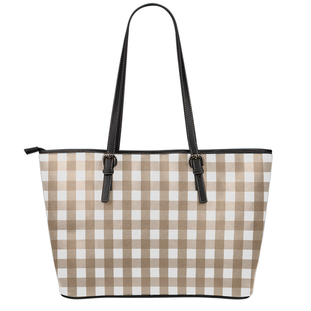 Brown And White Check Pattern Print Leather Tote Bag