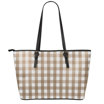 Brown And White Check Pattern Print Leather Tote Bag