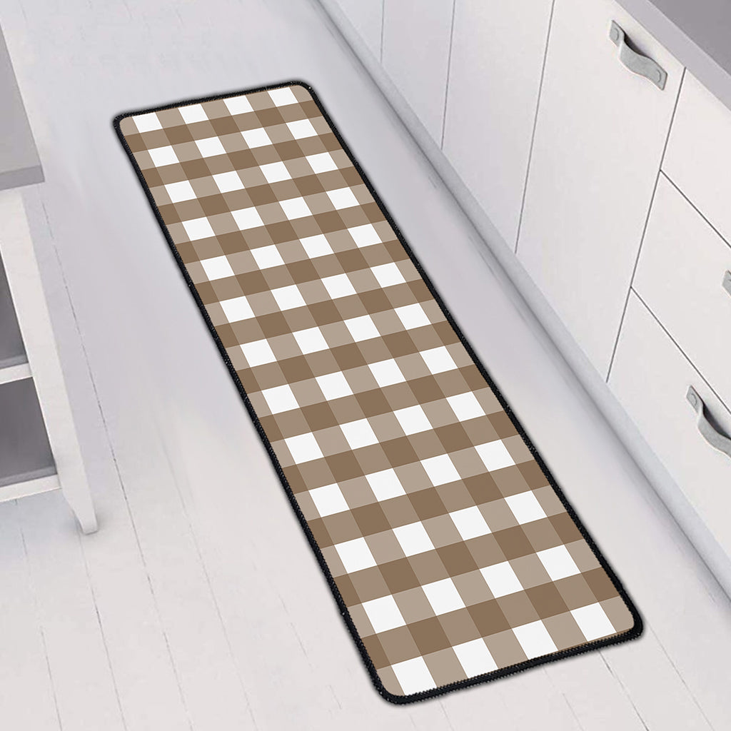 Brown And White Check Pattern Print Long Kitchen Mat