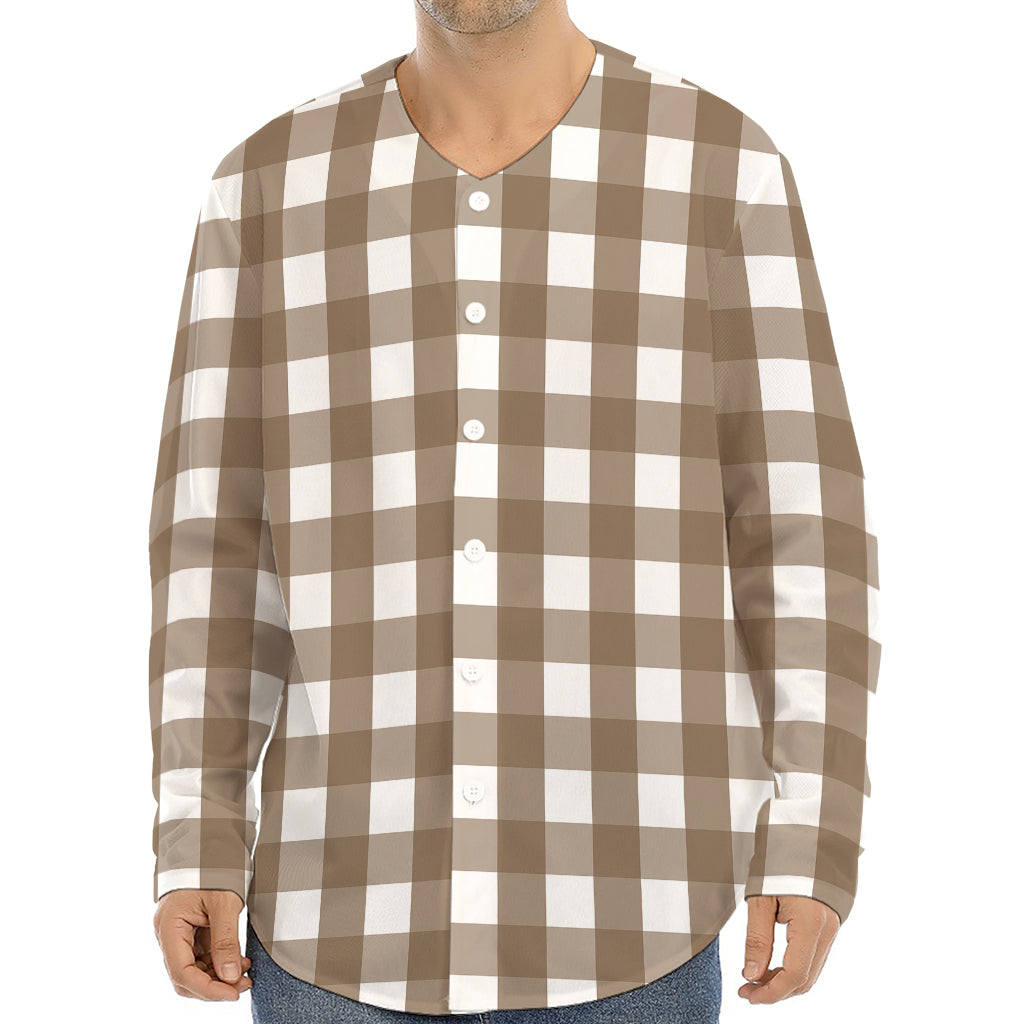 Brown And White Check Pattern Print Long Sleeve Baseball Jersey