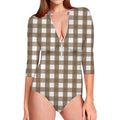Brown And White Check Pattern Print Long Sleeve Swimsuit