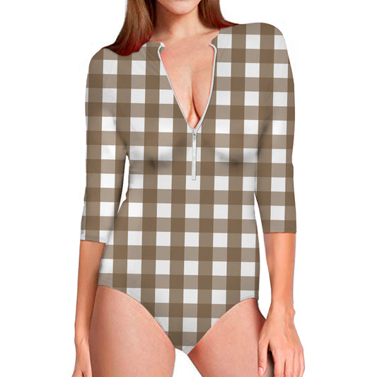 Brown And White Check Pattern Print Long Sleeve Swimsuit