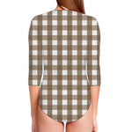 Brown And White Check Pattern Print Long Sleeve Swimsuit