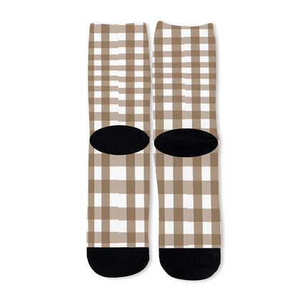 Brown And White Check Pattern Print Long Socks