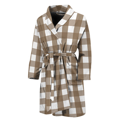 Brown And White Check Pattern Print Men's Bathrobe