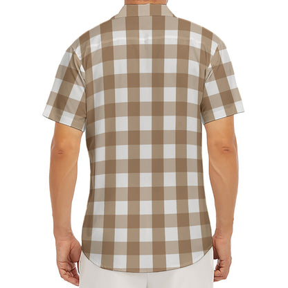 Brown And White Check Pattern Print Men's Deep V-Neck Shirt