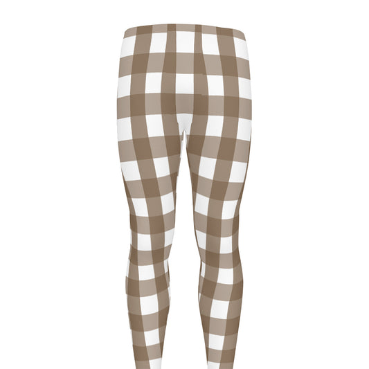 Brown And White Check Pattern Print Men's leggings