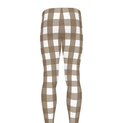 Brown And White Check Pattern Print Men's leggings