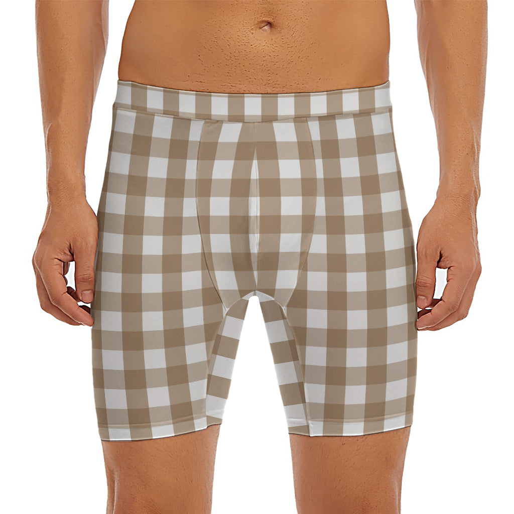 Brown And White Check Pattern Print Men's Long Boxer Briefs