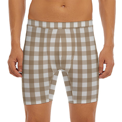 Brown And White Check Pattern Print Men's Long Boxer Briefs