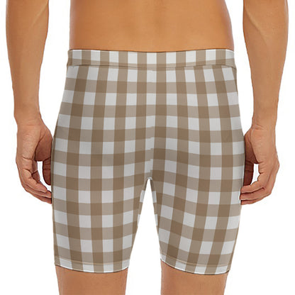 Brown And White Check Pattern Print Men's Long Boxer Briefs