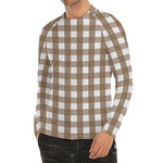 Brown And White Check Pattern Print Men's Long Sleeve Rash Guard
