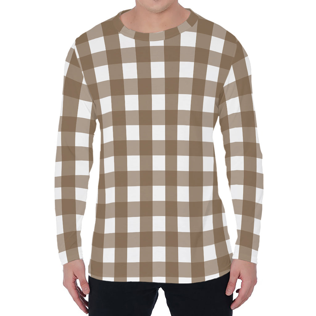 Brown And White Check Pattern Print Men's Long Sleeve T-Shirt