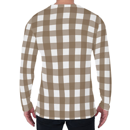 Brown And White Check Pattern Print Men's Long Sleeve T-Shirt