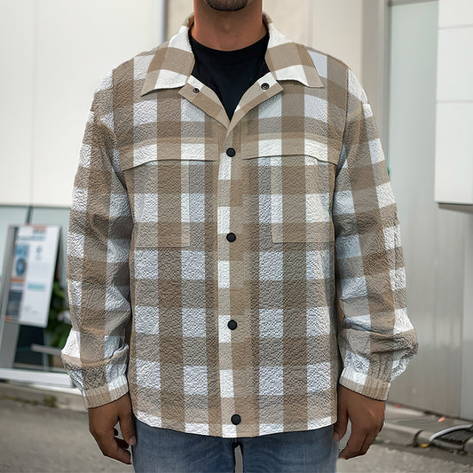 Brown And White Check Pattern Print Men's Shirt Jacket