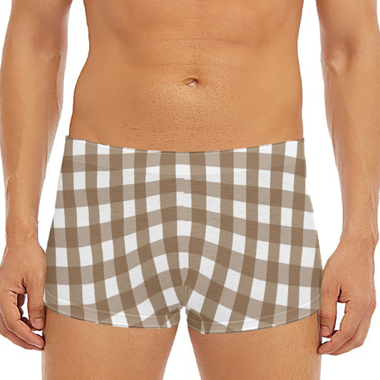 Brown And White Check Pattern Print Men's Short Boxer Briefs