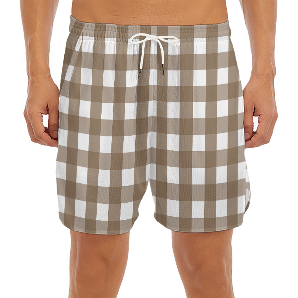 Brown And White Check Pattern Print Men's Split Running Shorts