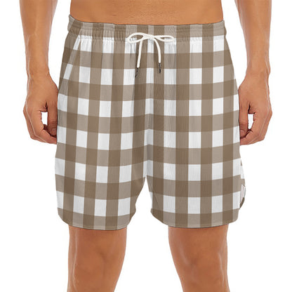 Brown And White Check Pattern Print Men's Split Running Shorts