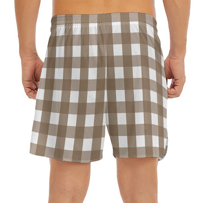 Brown And White Check Pattern Print Men's Split Running Shorts