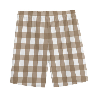 Brown And White Check Pattern Print Men's Sports Shorts
