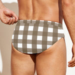 Brown And White Check Pattern Print Men's Swim Briefs