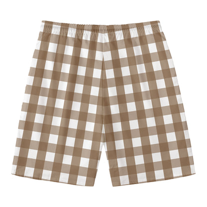 Brown And White Check Pattern Print Men's Swim Trunks