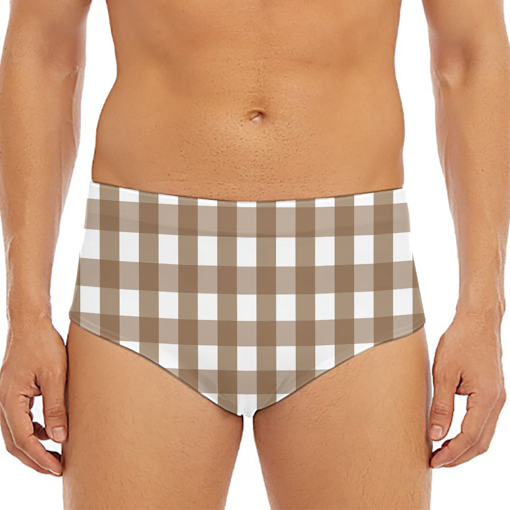 Brown And White Check Pattern Print Men's Triangle Swim Briefs