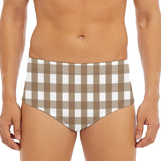 Brown And White Check Pattern Print Men's Triangle Swim Briefs