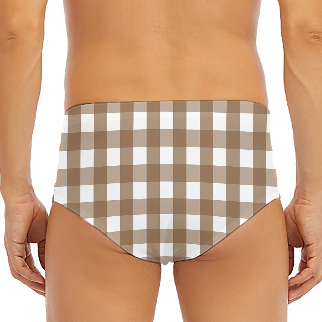 Brown And White Check Pattern Print Men's Triangle Swim Briefs