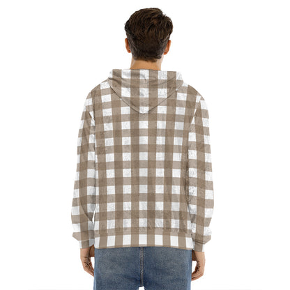 Brown And White Check Pattern Print Men's Velvet Pullover Hoodie