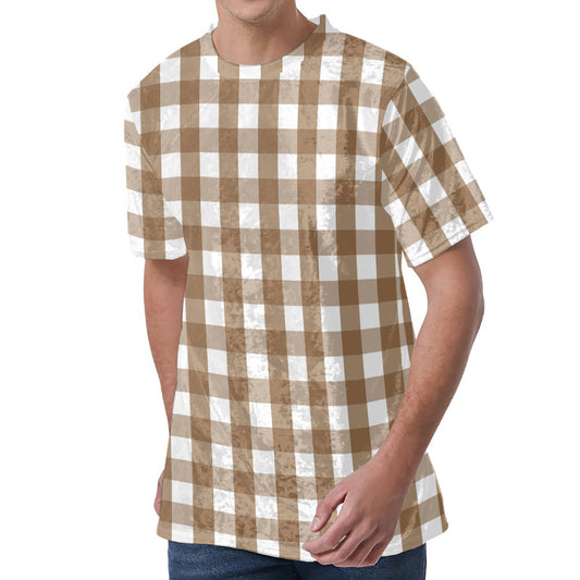 Brown And White Check Pattern Print Men's Velvet T-Shirt