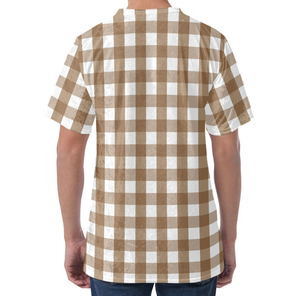 Brown And White Check Pattern Print Men's Velvet T-Shirt