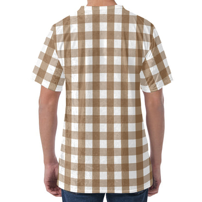 Brown And White Check Pattern Print Men's Velvet T-Shirt